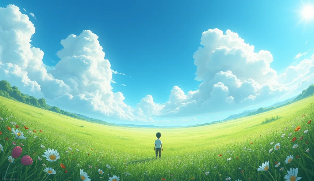 Meadow, clear blue sky, huge clouds, fish eye effect, very small guy at bottom left side