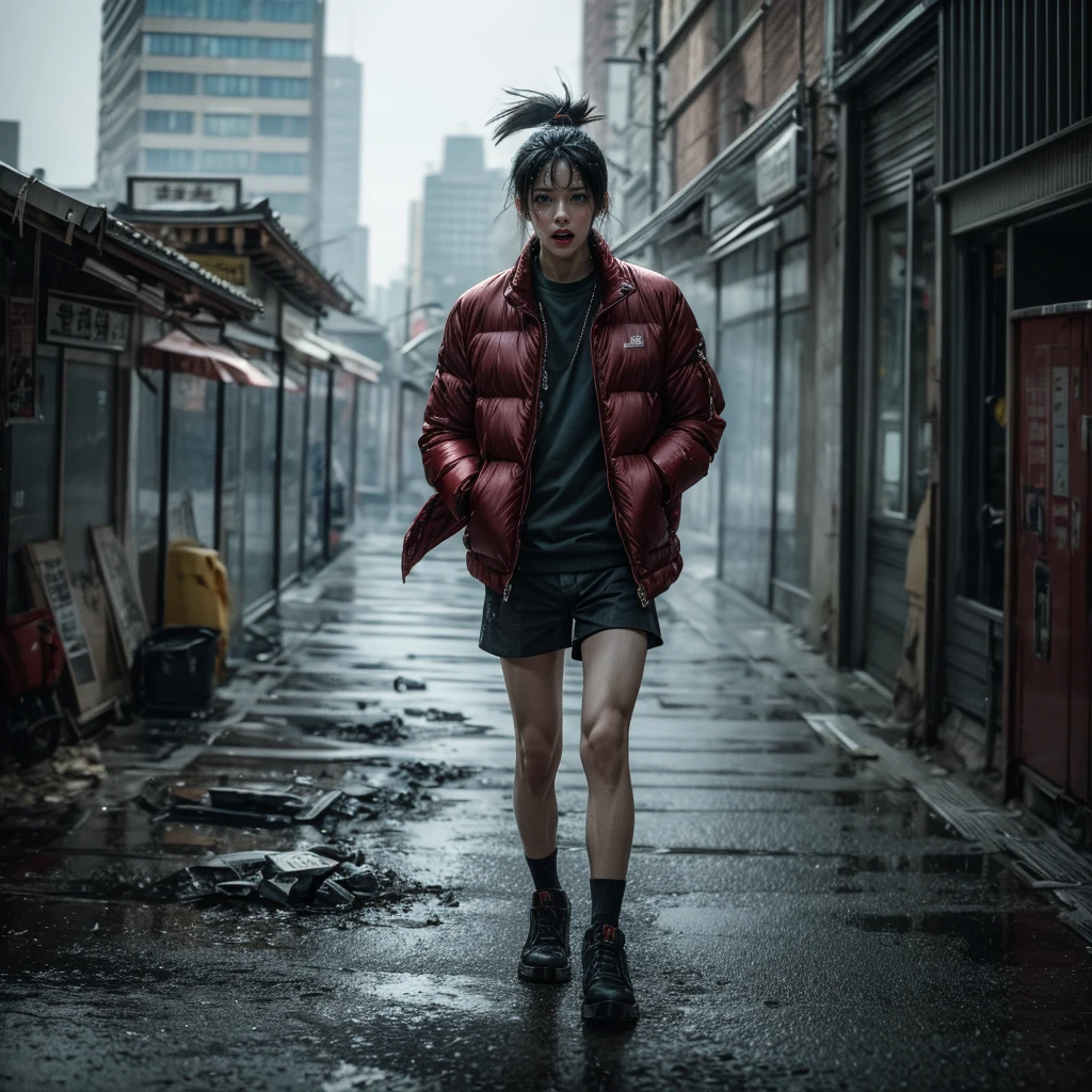 xuer flies over, sexy qeen, (dramatic, gritty, intense:1.4), city,
