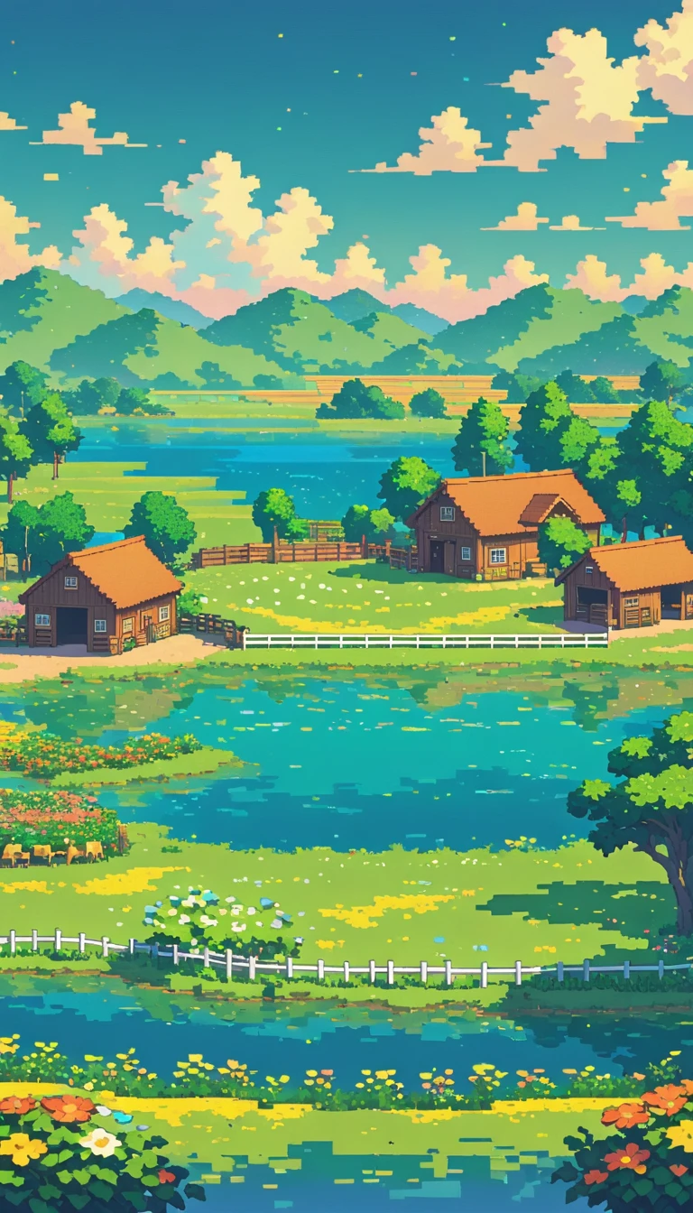 ultrawide landscape lofi stardew valley pixel, lagoon, No people ,Cow and horse stables