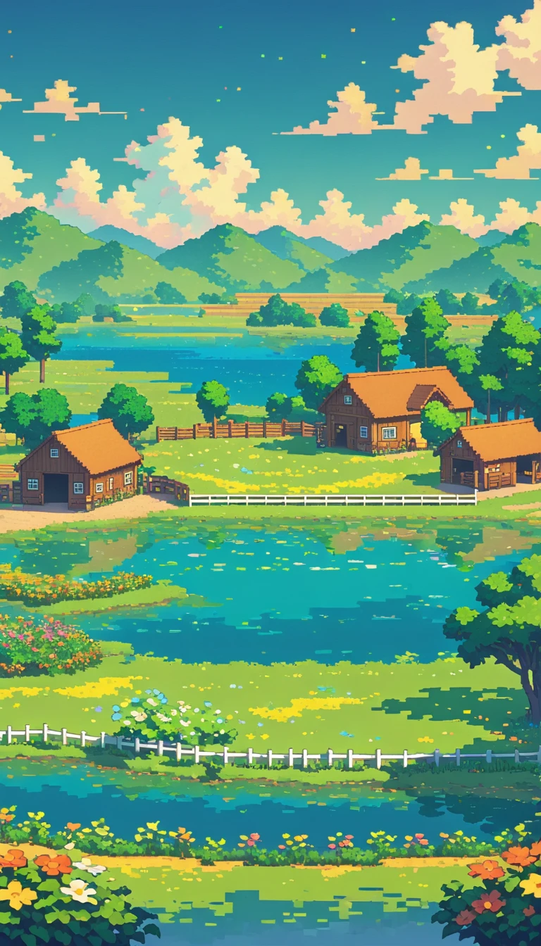 ultrawide landscape lofi stardew valley pixel, lagoon, No people ,Cow and horse stables