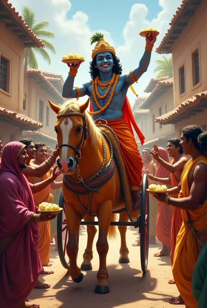 People in streets are very happy and offering butter to sri krishna who is on his chariot roaming around the streets of ancient Indian village on his birthday sri krishna smiling 