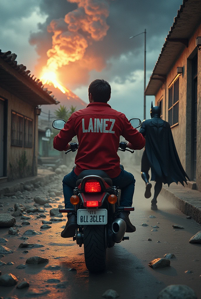 A man in El Salvador with a Suzuki motorcycle that on the red jacket says Lainez while driving on a street full of stones and fire from a volcano in a thunderstorm from behind while the god of thunder chases him riding a pegasus and the license plate says they all lie and Batman is in a building on the left watching him