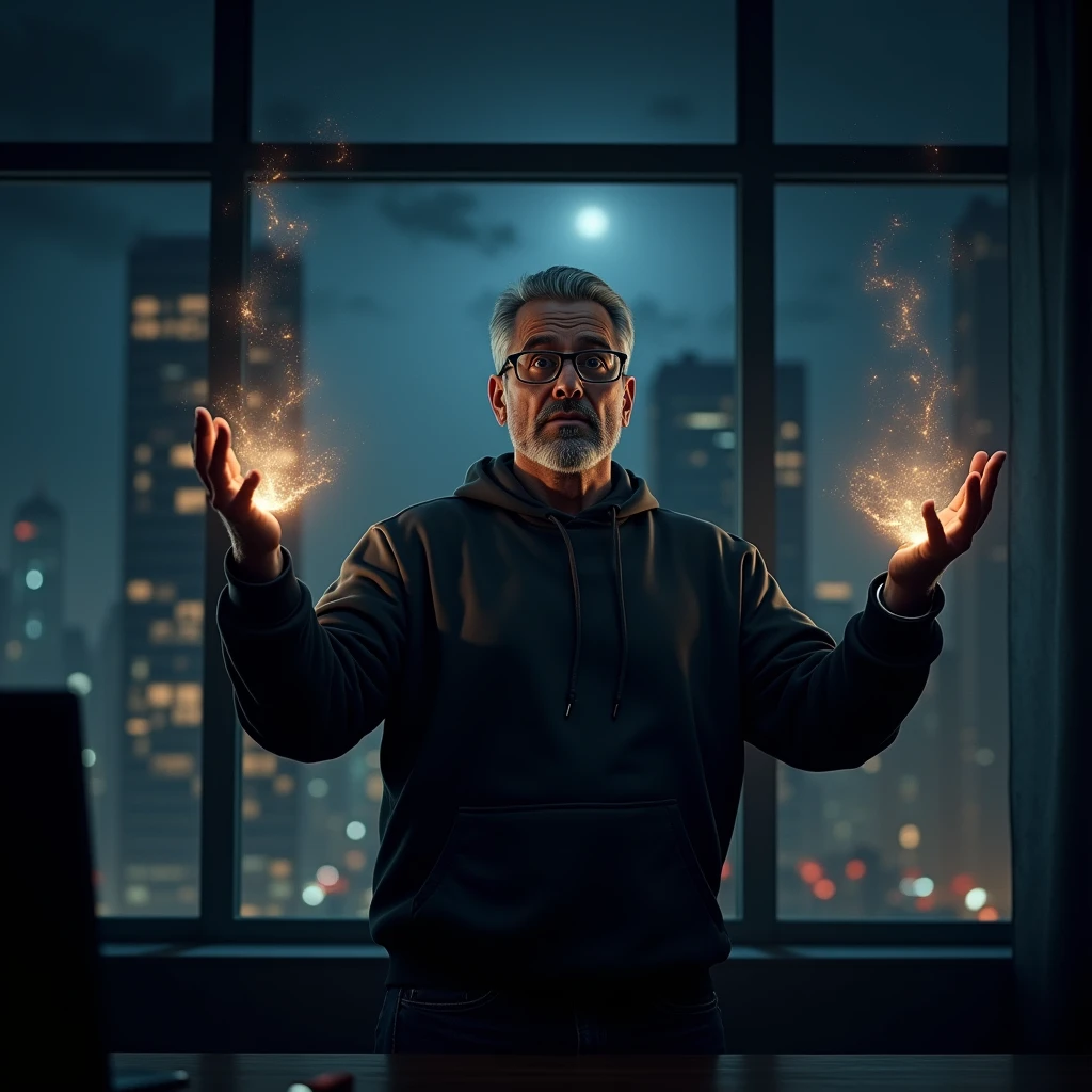 Realistic magic of a man with a short., gray hair, Wearing glasses, wearing a black sweatshirt, scared expression, standing, setting up a night office, night buildings in the landscape through the window