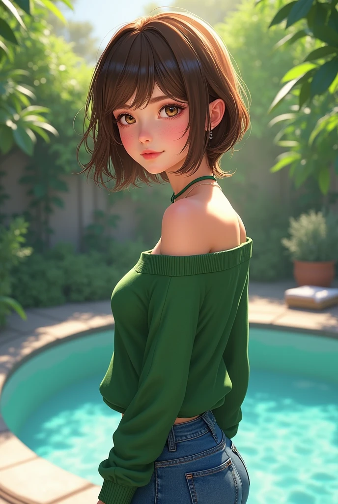 anegasaki nene、Shiny brown hair, short hair, (Beautiful brown eyes、Sparkling eyes, Fine grain)、smile、Super detailed eyes、Highly detailed face, Very detailed eyes,


Highest quality、
((Highest quality, masterpiece:1.3, 8k)), (detailed), highly detailed face and skin texture, detailed eyes, Are standing, (Seductive pose:1.1), garden, Pool, whole body, (Slender body:1.1), one person, Age 25, White skin, 
 Bright lips, A captivating smile,  Green Sweater, Jeans pants, Skinny jeans, Blue Jeans, Good friend threesome