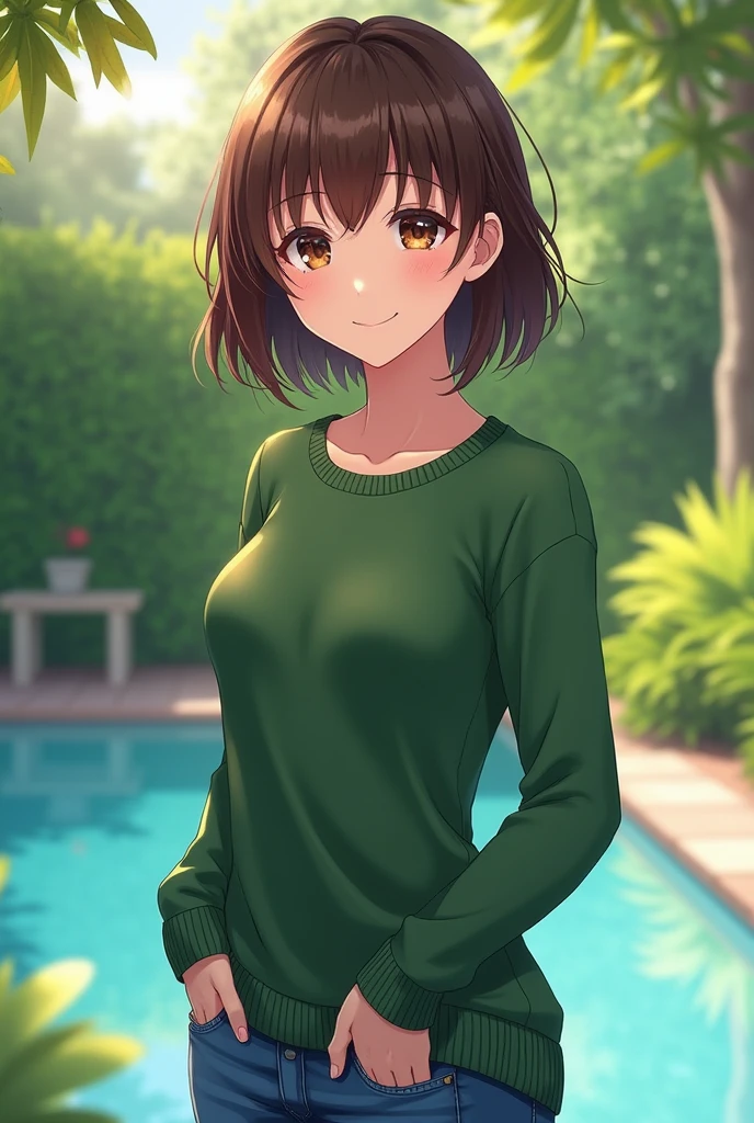 anegasaki nene、Shiny brown hair, short hair, (Beautiful brown eyes、Sparkling eyes, Fine grain)、smile、Super detailed eyes、Highly detailed face, Very detailed eyes,
Highest quality、
((Highest quality, masterpiece:1.3, 8k)), (detailed), highly detailed face and skin texture, detailed eyes, Are standing, (Seductive pose:1.1), garden, Pool, whole body, (Slender body:1.1), one person, Age 25, White skin,
Bright lips, A captivating smile, Green Sweater, Jeans pants, Skinny jeans, Blue Jeans, Good friend threesome