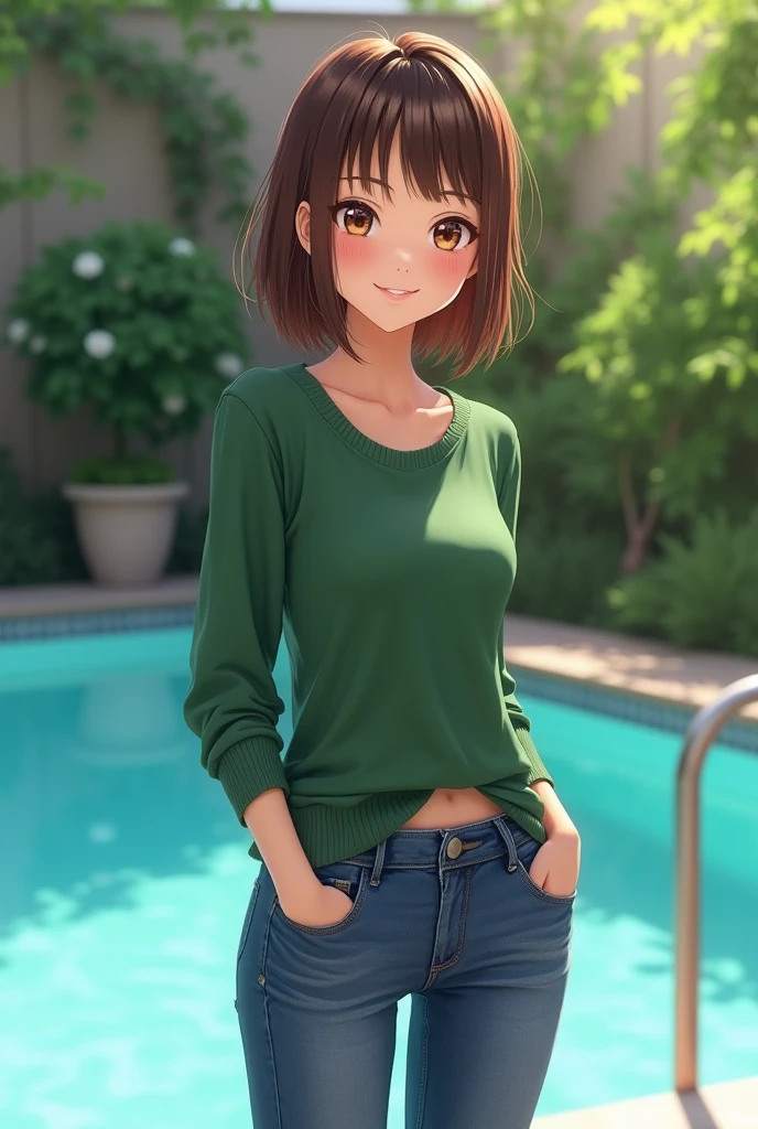 anegasaki nene、Shiny brown hair, short hair, (Beautiful brown eyes、Sparkling eyes, Fine grain)、smile、Super detailed eyes、Highly detailed face, Very detailed eyes,
Highest quality、
((Highest quality, masterpiece:1.3, 8k)), (detailed), highly detailed face and skin texture, detailed eyes, Are standing, (Seductive pose:1.1), garden, Pool, whole body, (Slender body:1.1), one person, Age 25, White skin,
Bright lips, A captivating smile, Green Sweater, Jeans pants, Skinny jeans, Blue Jeans, Good friend threesome