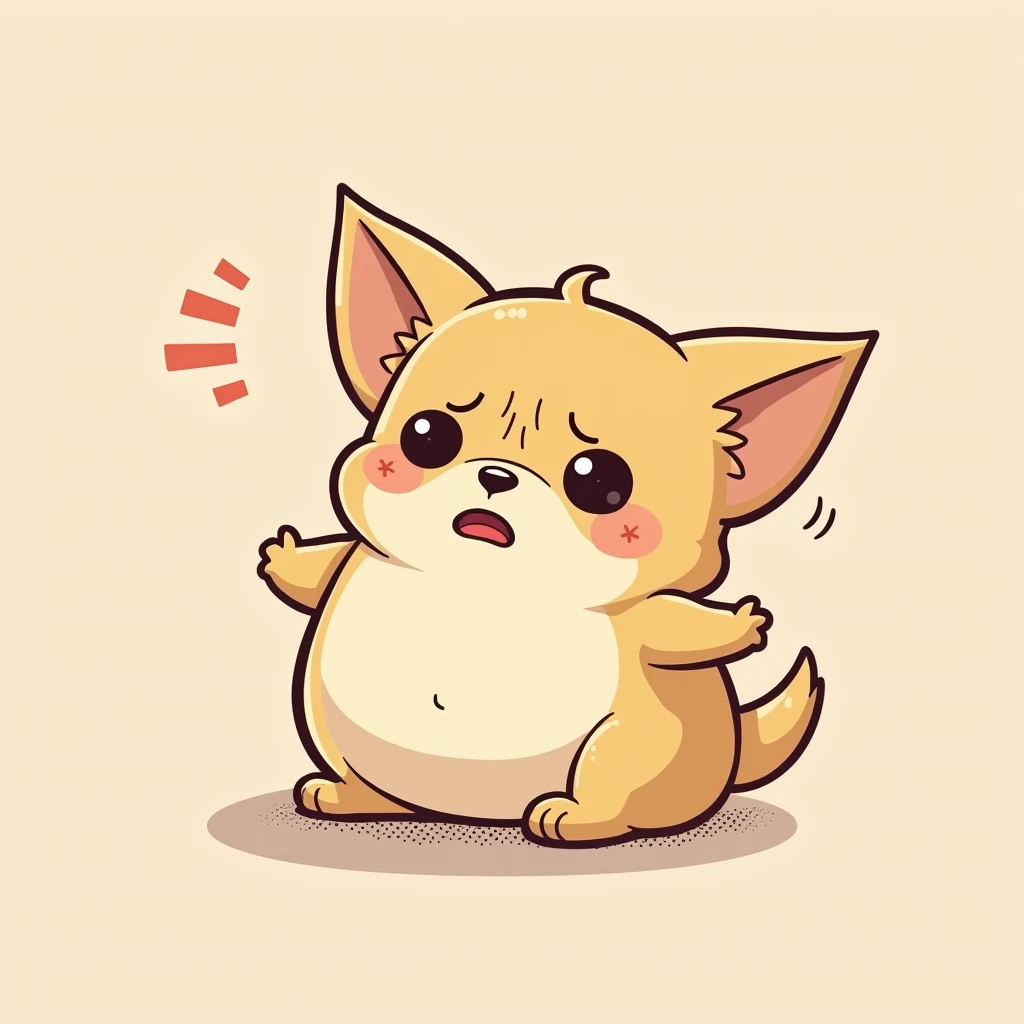 Chibi Style, 2-panel cartoon, dot halftone, Flat Color,Chihuahua having difficulty breathing,Chihuahuas are fat,Troubled face,I have a cough