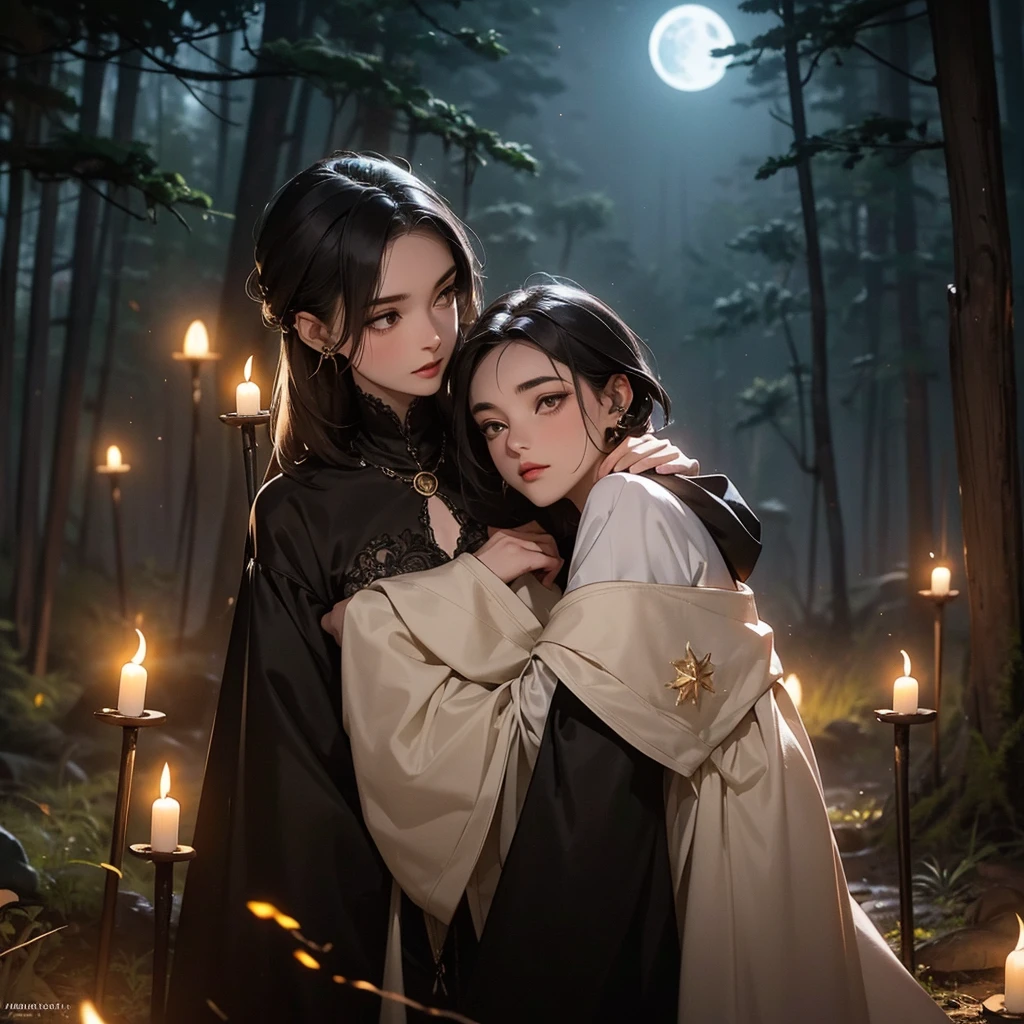 A beautiful witch with amber brown eyes, small slanted eyes, a small mouth, pale skin, a pixiecut shaved black hair, an eyebrow piercing, an ear piercing, sleeping in a nighttime forest, with an owl nearby, mushrooms scattered on the ground, a black cat, a starry sky with a waning moon, dark composition, dark illuminated, witch aesthetic, ethereal illuminated, intricate details, high quality, masterpiece, dark comic style, 8k resolution, ultra-detailed