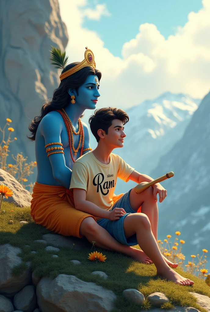 create a 3d image of 20 year old Indian devotional boy who is sitting next to krishna ji and Krishna ji playing the flute, they both sit together on the mountain,boy wearing T-shirt Name “Ram” written on it, heaven like beautiful view background, peacock dancing,realistic image and boy is in barefoot