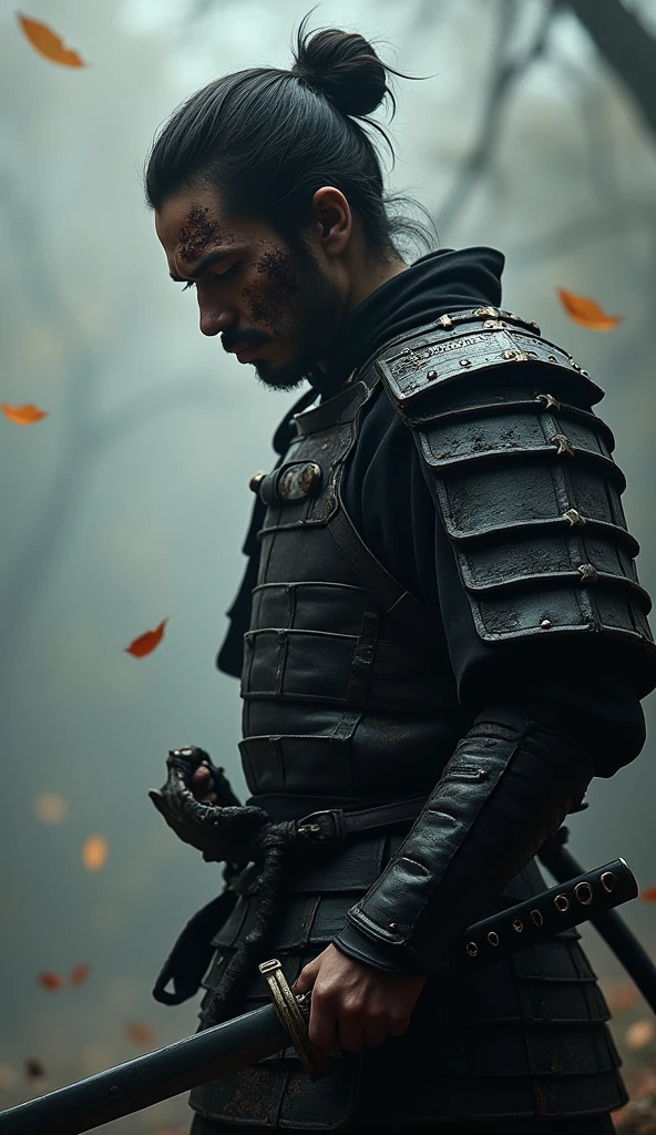 potrait intricate postures a samurai looks sad with a disappointed look on his face, his empty eyes look brooding, he is holding his katana, wearing black armor, cinematic, like in a movie, very detailed, low congtrast gray color, aura like full of disappointment, his face is full of wounds because he is ready from fighting who defeated his opponent, cinematic light from the side, sharp depth field towards his face. his body is full of wounds, leaves are flying with motion blur (i won but at what cost?)
