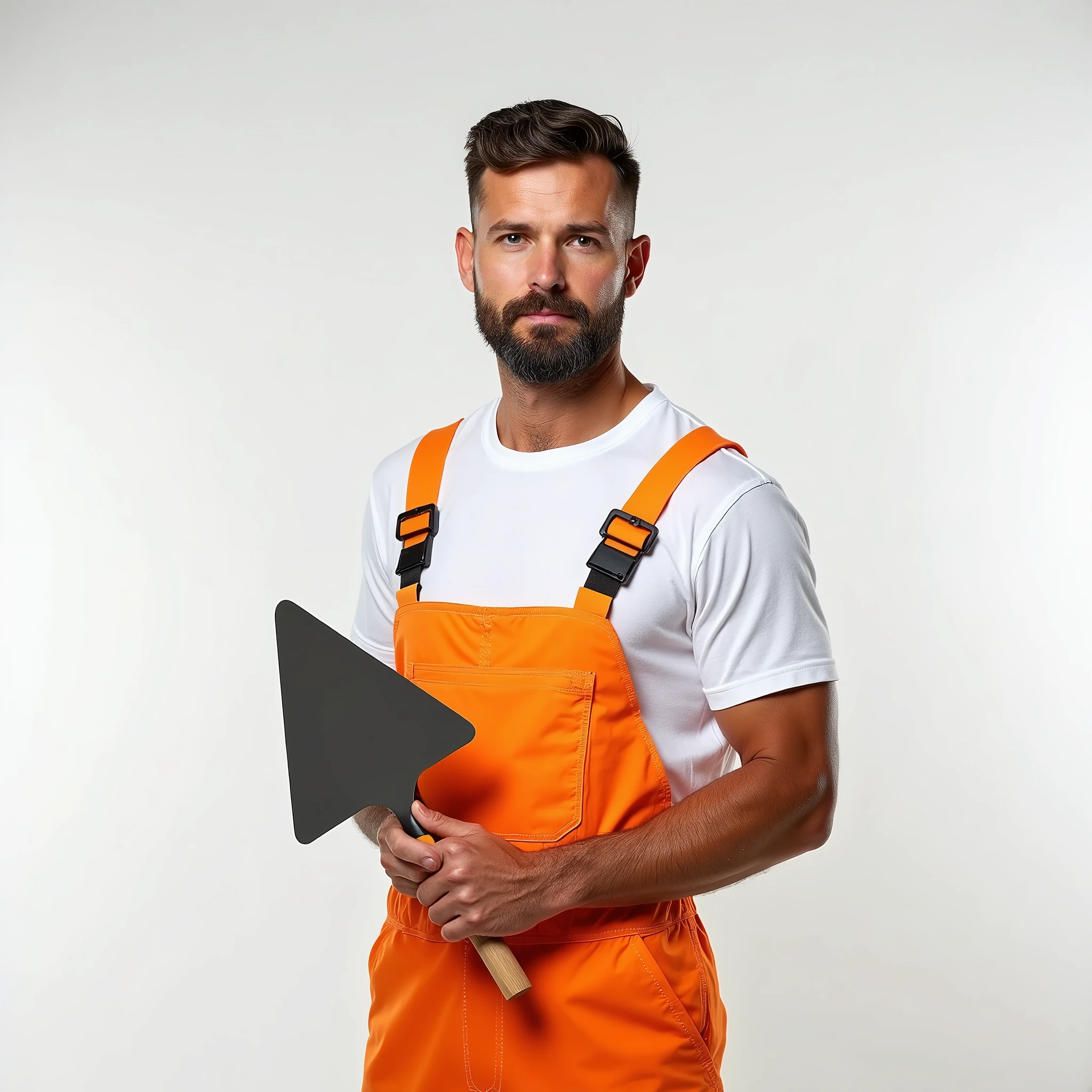 A man in a white T-shirt and orange construction overalls,  holds a triangular construction spatula in his hand, Studio Photography, studio lighting, realistic skin texture and detail, the man stands slightly sideways, background white uniform
