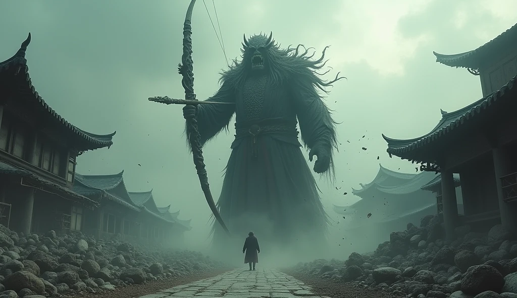 Top quality, masterpiece, huge monster, shooting a bow, wearing old oriental traditional clothes, detailed image texture, creepy, horror, creepy atmosphere (not AI image), cloudy weather, low color image, creepy, image from a distance, collapsed oriental traditional buildings, ash flying, scary face