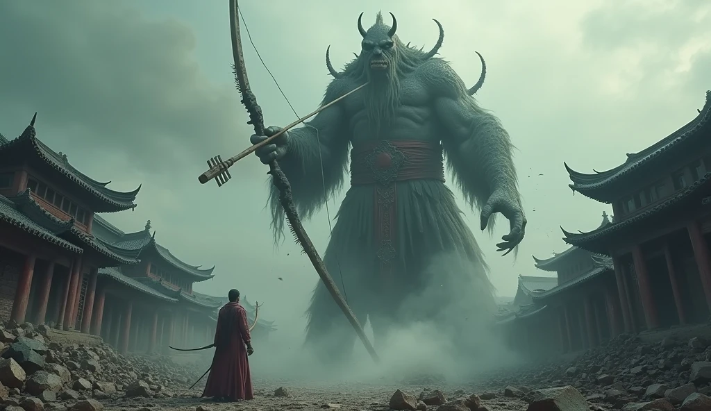 Top quality, masterpiece, huge monster, shooting a bow, wearing old oriental traditional clothes, detailed image texture, creepy, horror, creepy atmosphere (not AI image), cloudy weather, low color image, creepy, image from a distance, collapsed oriental traditional buildings, ash flying, scary face