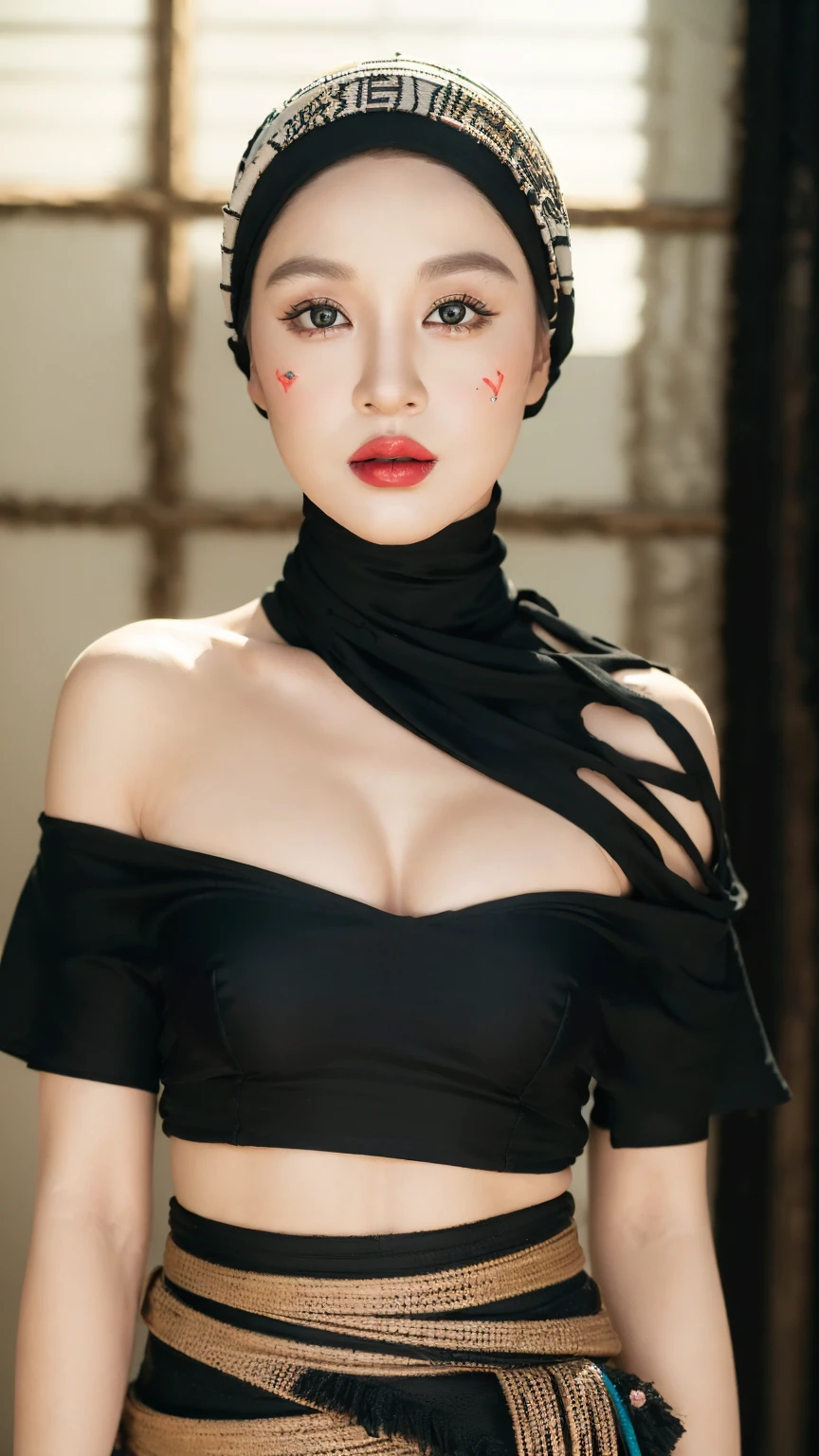 ((Realistic lighting, Masterpiece: 1.3)), (raw photo:1.2), Hyperrealist portrait gorgeous Beautiful tribal Chinese woman, mature woman, 30 years old, Milf, beautiful face, beautiful detailed charming eyes, (pretty natural breasts: 1.1), ((tribal black strapless top: 1.1), (sexy tribal black skirt), (tribal cloak), (tribal hijab: 1.3)), tribal loin cloth, tribal jewelry, tribal palace background, legendary style, epic style, full body, standing, professional photography, font view, very detailed faces, (red lips, subtle makeup: 1.2), Best quality, 8K, colorful style