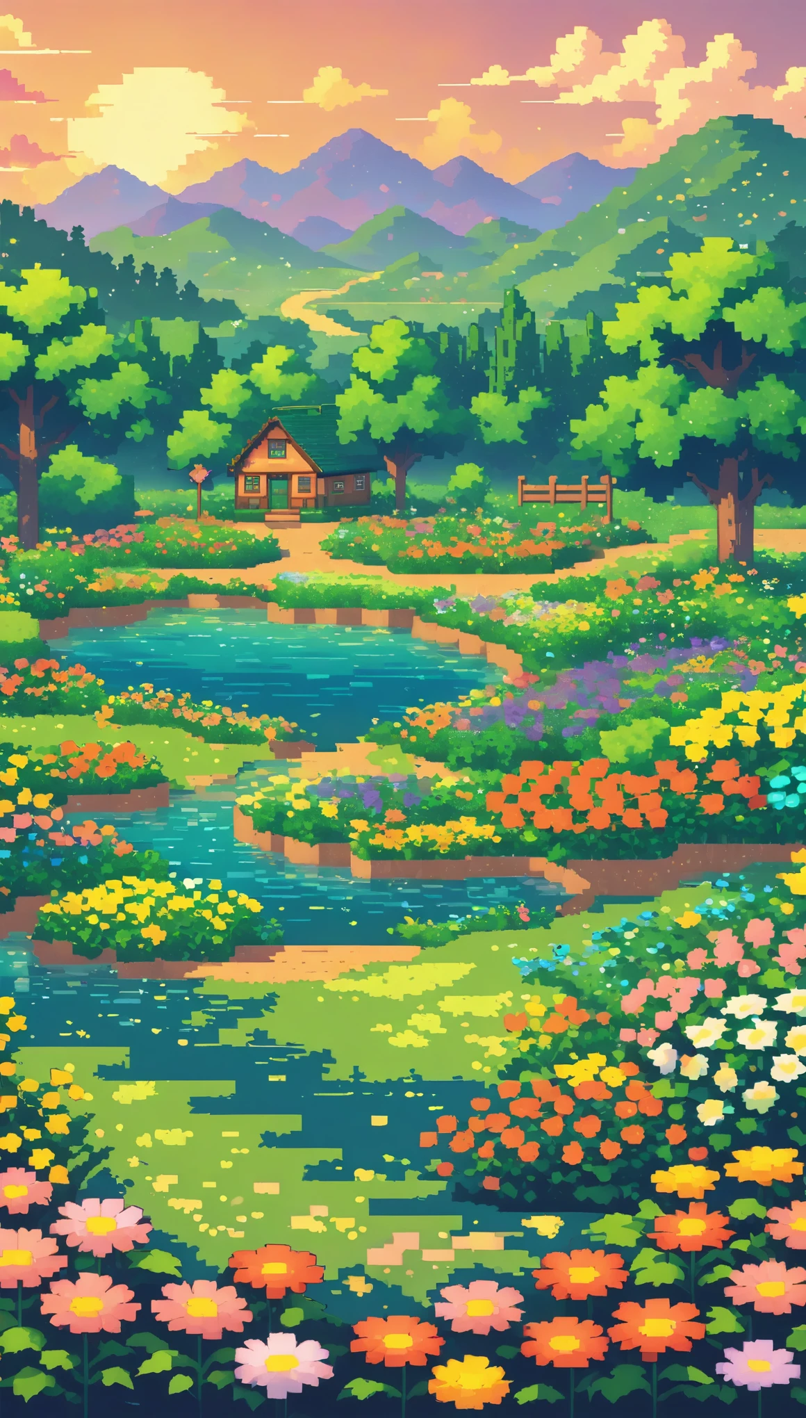 ultrawide landscape lofi stardew valley pixel, Flower garden, No people