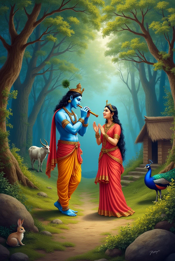 Sree krishna with flute and radha distance between them  behind cow , peacock , hare in forest  trees with hut