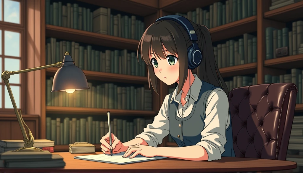 I put on my headphones and sat at my desk in the library.、An anime that writes something、Retro Library、Woman studying、Wear headphones