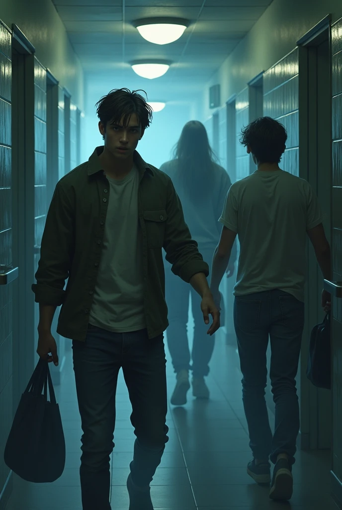 A bright and quiet university bathroom at dusk. Two young men unpack
a black bag and are frightened by the ghost of a young girl in the mirror, so they
have to flee back to their dorm. The security guard and a few students are
working in a group and see the two young men running away in fear. The
environment around the two young men is quiet, but their terrified expressions
tell of the mysterious story they are about to uncover, the terrifying truth behind
them.