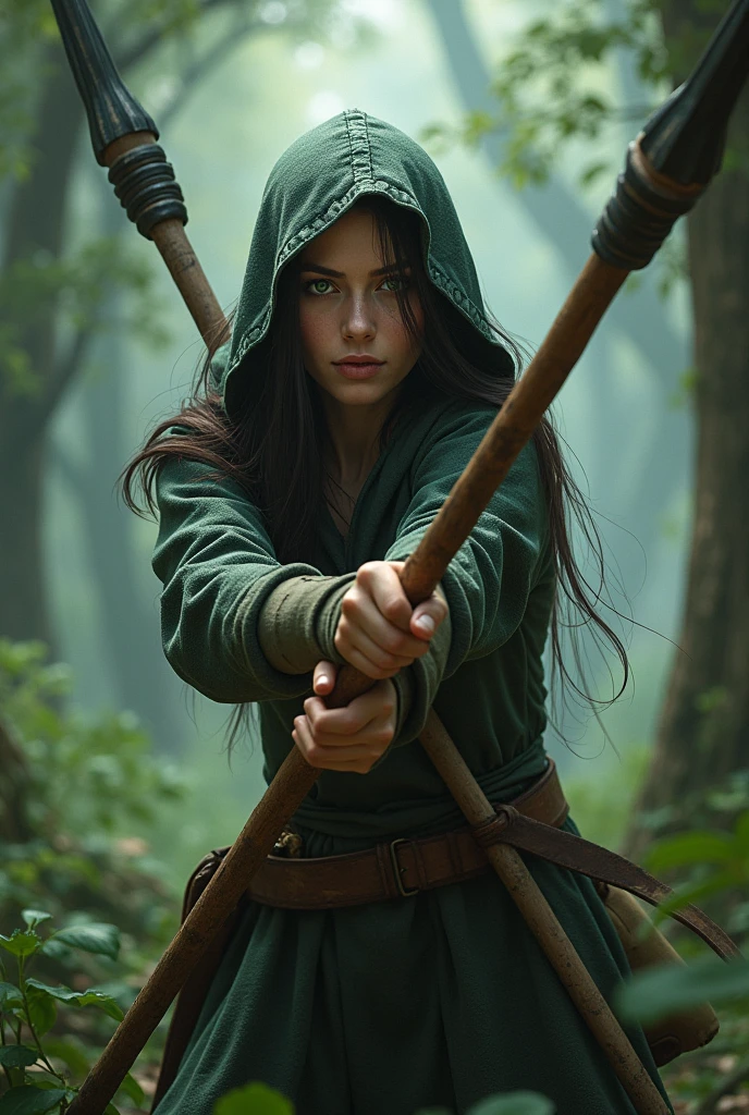 20 year old white girl with black hair, green eyes and a hood holding a spear 

