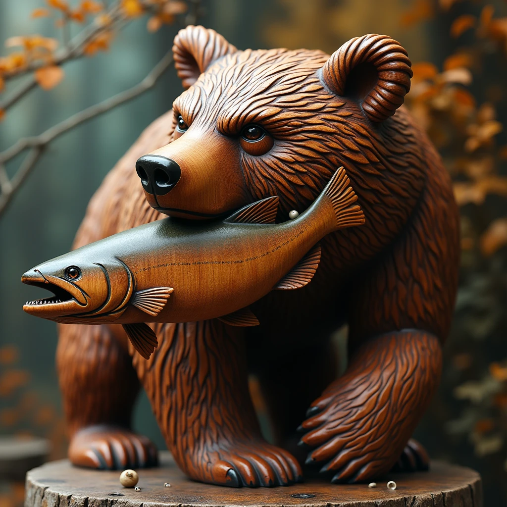 Super realistic. A full-body wooden carving of a brown bear holding a salmon in its mouth, with wood texture and realistic carving marks, side view, Official souvenir poster, bokeh effect, depth of field, hyper Realistic, Spot Lighting