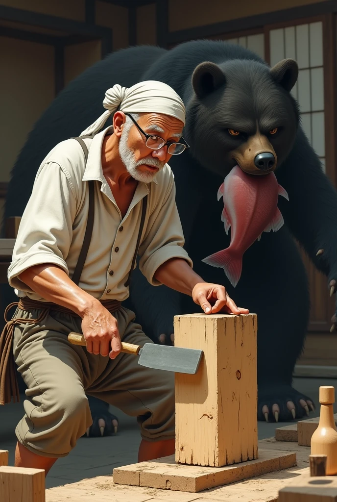 The old sculptor. Japanese, Traditional Craftsmen, White rough shirt, Rough cotton trousers, nervous face, Glasses that are about to fall off, A head towel wrapped like a pirate, concentrated, Carving work, Carving a block of wood with a large chisel, Dynamically digging, The block of wood is dug halfway through., A big bear walks up behind me, Walking with a salmon in his mouth