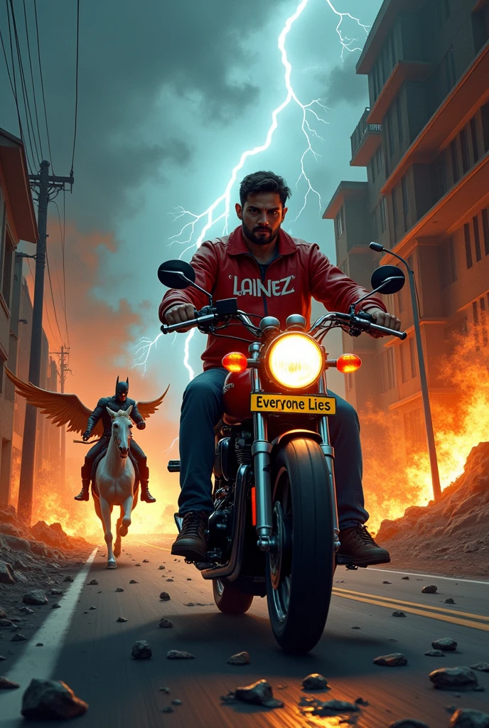 A man in El Salvador with a Suzuki motorcycle that on the red jacket says Lainez while driving on a street full of stones and fire from a volcano in a thunderstorm from behind while the god of thunder chases him riding a pegasus and the license plate says everyone lies and Batman is in a building on the left watching him and the street is hell
