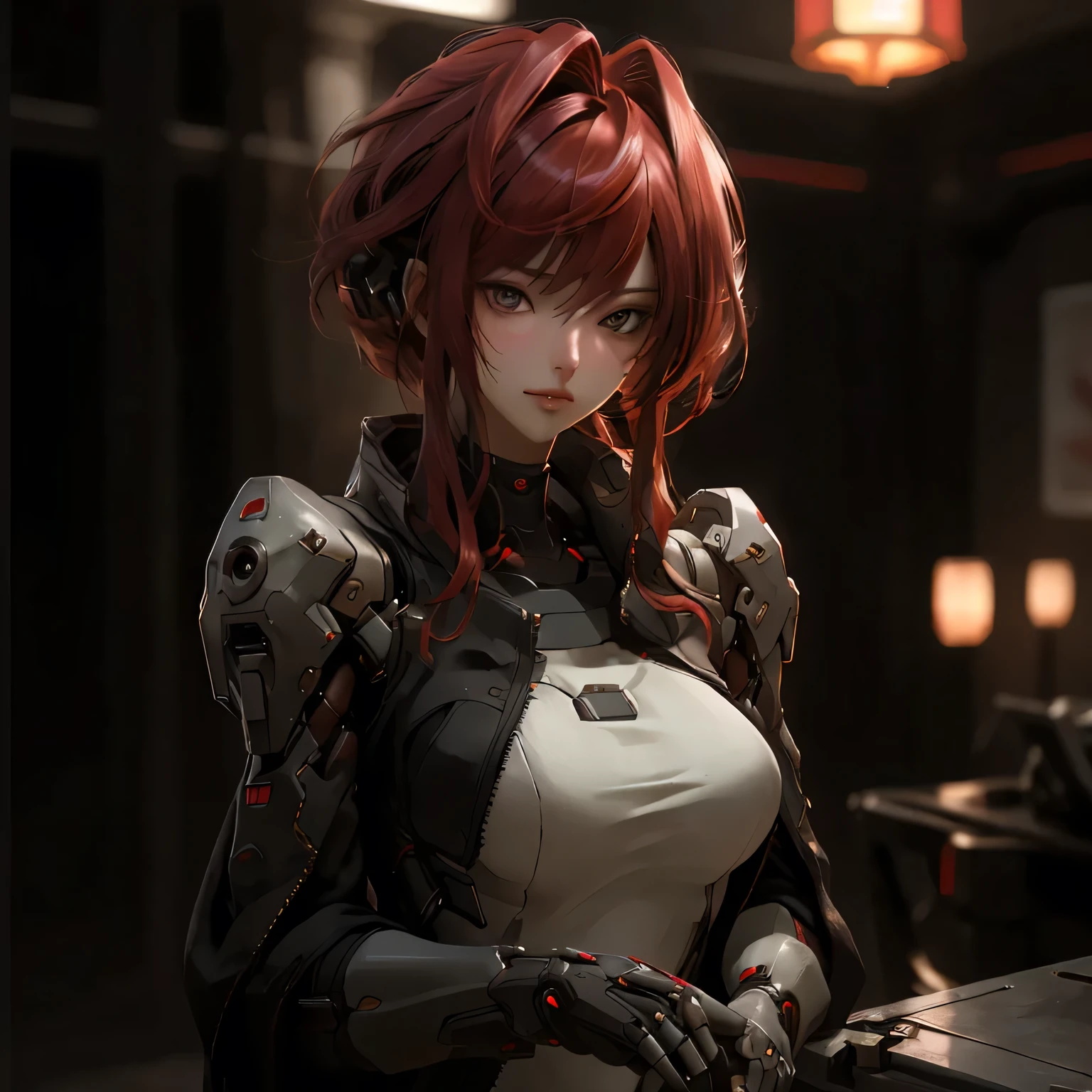 ((best quality)), ((Masterpiece)), (details:1.4), 3d, Image of a beautiful cyberpunk woman., HDR (high dynamic range), mature woman, Hips up, Curtain Bangs, Red hair, white eyes, battle suit, Heavy Black armor, PBR surface, After processing, Anisotropic filtration,depth of field, Maximum clarity and clarity, multi-layered surface, perfect proportions, 8K raw files, cyberpunk, at night, ผมหลายชั้น, กระโปรงสั้น, natural lighting, soft lighting, sunlight, หน้าอกใหญ่,