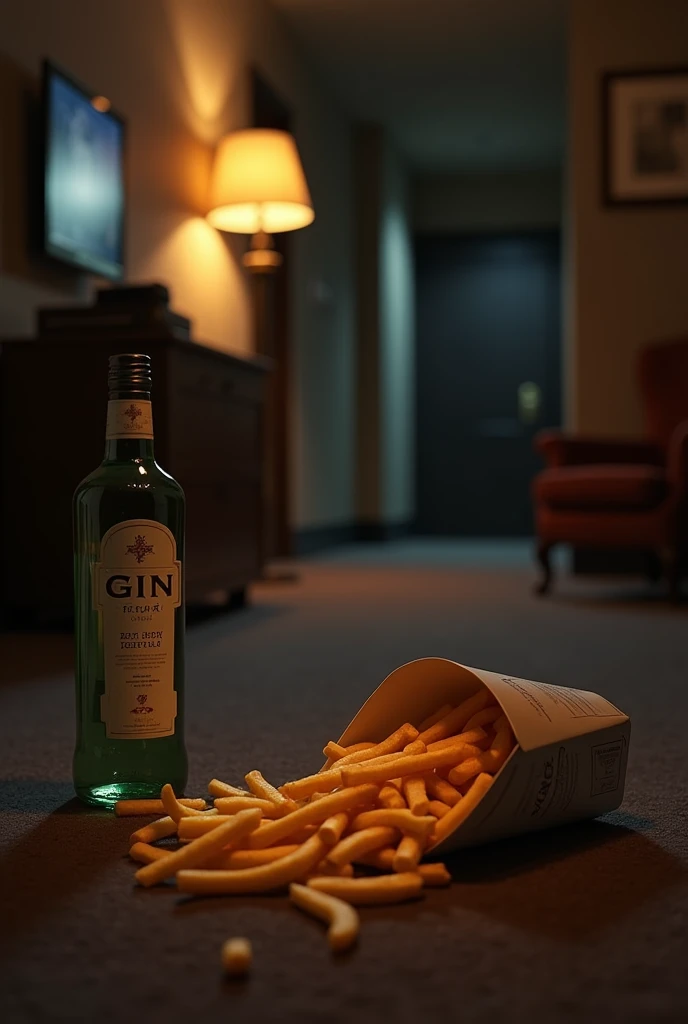 Couloir hôtel lumière tamisée, cornet de frites renversé par terre, bouteille de gin posée à côté