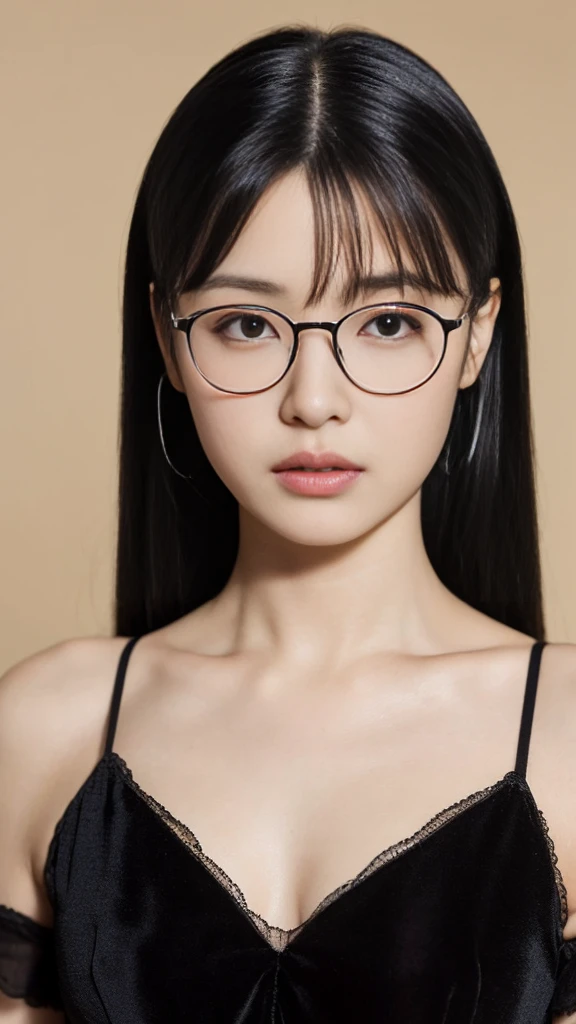 (Highest quality:1.5), (Real:1.4), (Ultra high definition:1.4), (No correction:1.4), (skinny Japanese woman with average size breasts standing front plain background in studio), (A woman wearing black-rimmed glasses), (Very small eyes), (breasts of average size), (Average height), (Cover your forehead with bangs), (Long black hair), (Dark personality expression), (Black mourning clothes), (black hair woman is standing with black mourning clothes front plain background in studio), (woman viewed from the front), (Plain background), (Cowboy Shot), (Cold expression), (upright), (A woman with long black hair and glasses), (Bangs that cover the forehead), (Sharp and tiny eyes)