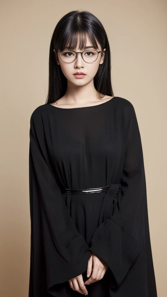 (Highest quality:1.5), (Real:1.4), (Ultra high definition:1.4), (No correction:1.4), (skinny Japanese woman with average size breasts standing front plain background in studio), (A woman wearing black-rimmed glasses), (Very small eyes), (breasts of average size), (Average height), (Cover your forehead with bangs), (Long black hair), (Dark personality expression), (Black mourning clothes), (black hair woman is standing with black mourning clothes front plain background in studio), (woman viewed from the front), (Plain background), (Cowboy Shot), (Cold expression), (upright), (A woman with long black hair and glasses), (Bangs that cover the forehead), (Sharp and tiny eyes)
