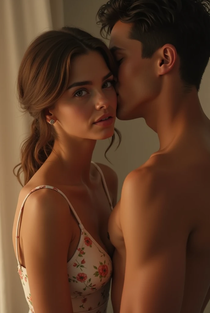 (1 slim 16yo Emma Watson,small breasts,feminine,symmetry eyes),BREAK,(Want me in bed,to kiss,fun,happiness,She likes me),(opened mouth:1.4),8k,Realistic photo style,Photorealism, Realistic, surreal,Best image quality, High resolution, Highest quality,cinematic, Intricate details,Ultra-fine detail, True light and shadow,Shots from the film, Professional Color Grading,Sharp focus, Film Grain,High Dynamic Range, charm, The most detailed skin texture girl with handsome boy on the bad 