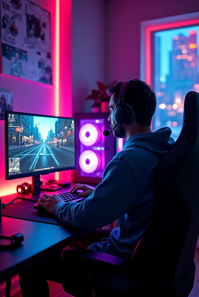 Gamer room and RGB computer play gta v