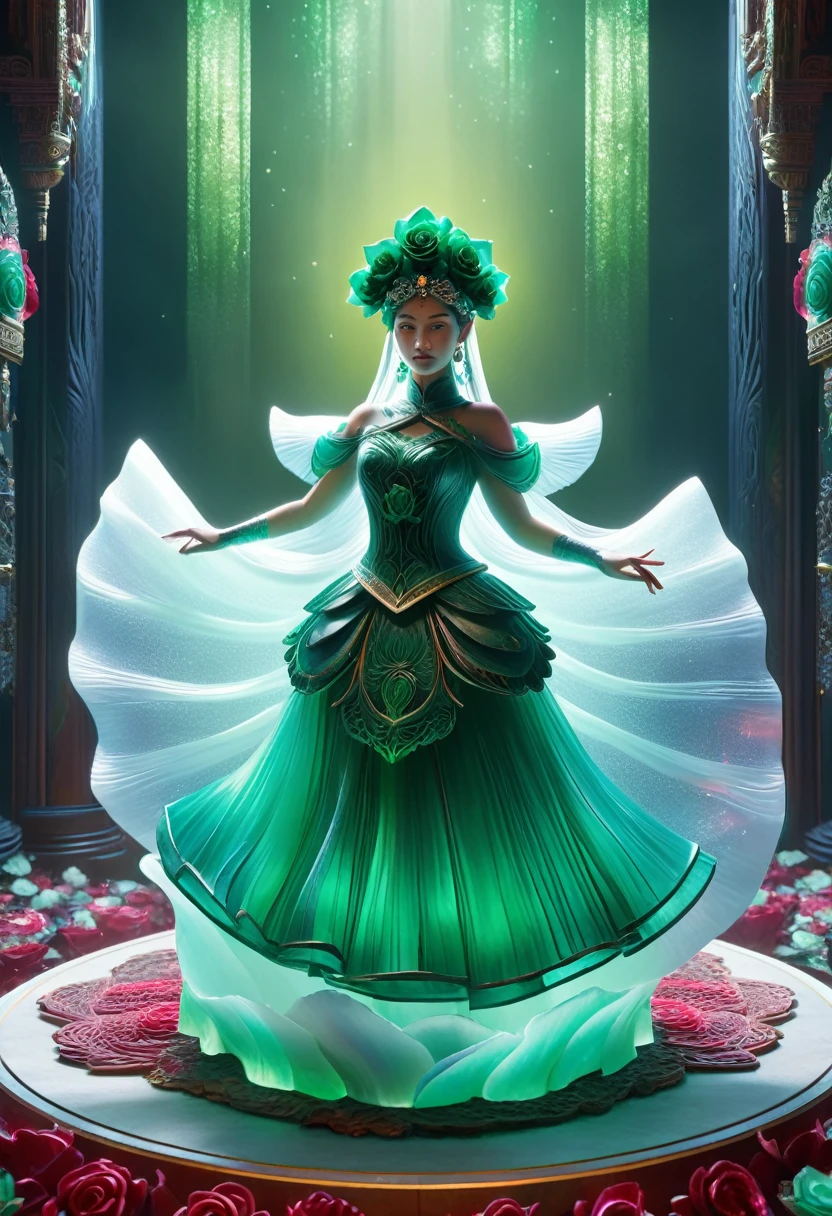 1 girl, solo, single statue,
Blank background.
The overall translucent jade carving beauty,
On her head was an emerald rose,
Wearing an emerald carved petal skirt. detailed matte painting, deep color, fantastical, intricate detail, splash screen, complementary colors, fantasy concept art, 8k resolution trending on Artstation Unreal Engine 5