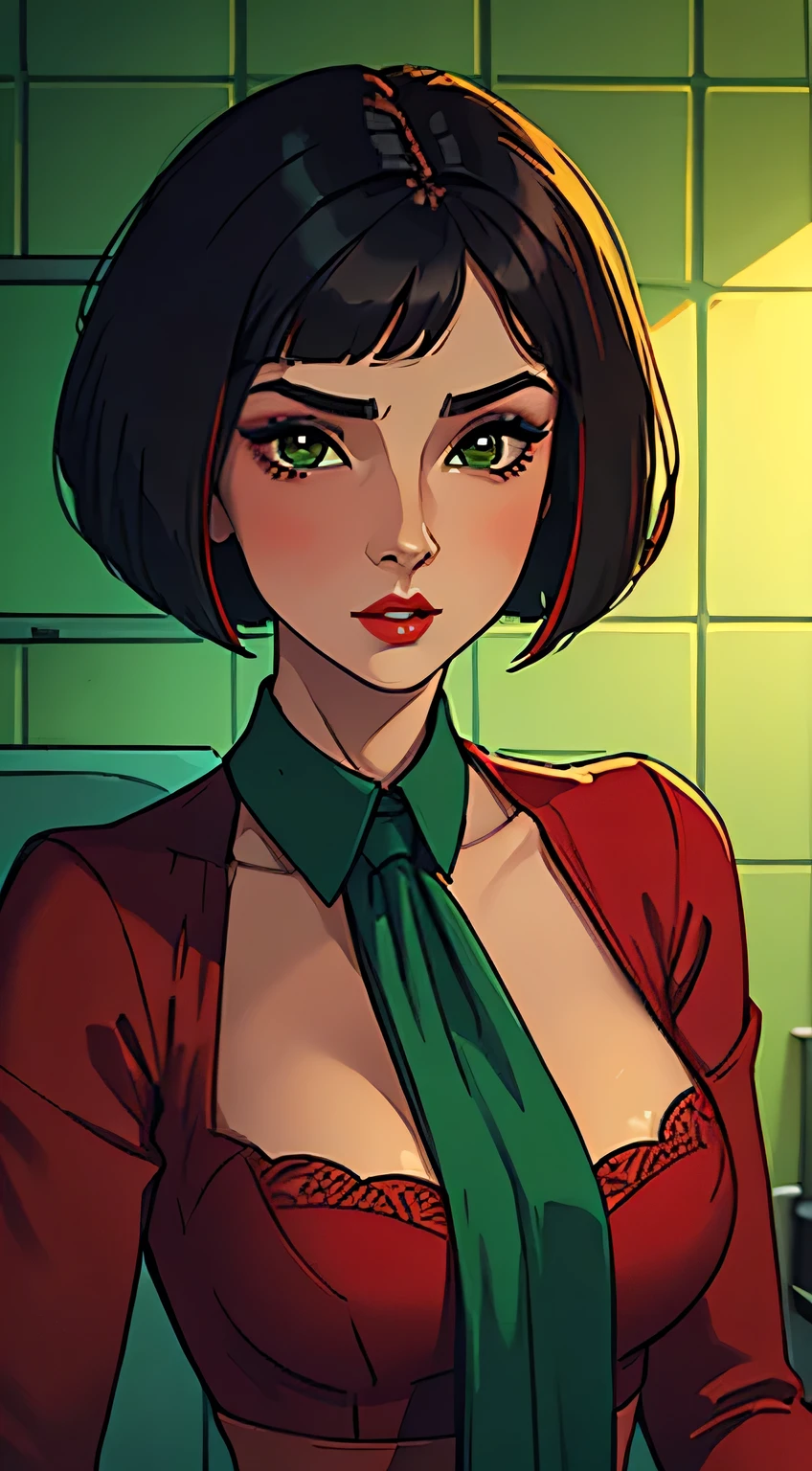 Amazing portrait of a sexy woman with her short hair in a bob style and her face covered with lots of makeup gazing at us seductive with her perfect red lips parted wearing a green saree in an empty bathroom