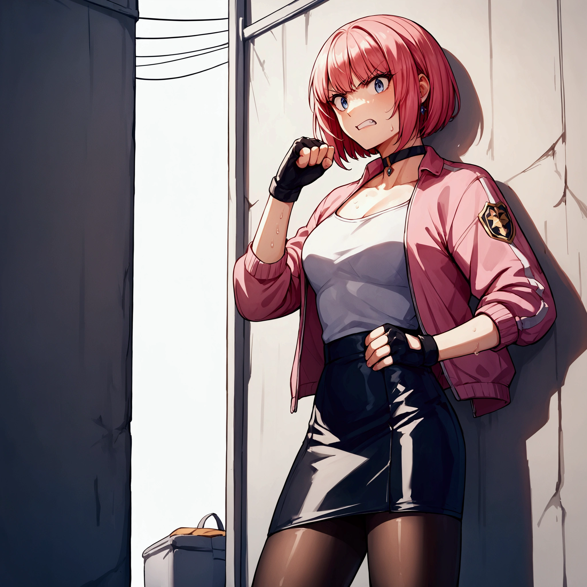 {{Female police officer struggling in a pink jacket against a wall}},E18,score_9, score_8_up, score_7_up, score_6_up, score_5_up, score_4_up,score_9, score_8_up, score_7_up, score_6_up, score_5_up, score_4_up,holding her stomach and enduring pain　suffering from stomachache .fighting stance , source_anime,sweaty,Grit your teeth, black leather skirt, black pantyhose，fingerless gloves,　pink　bob-cut hair ,rating_safe,v-shaped eyebrows.Black choker Clavicle　back alley, Beautiful thighs,Medium chest,