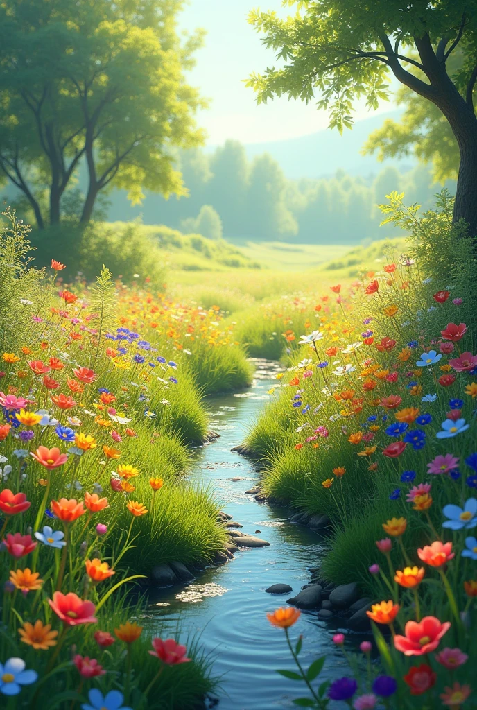 A bright, sunlit meadow filled with wildflowers of various colors. A small sparkling stream flows through it.
