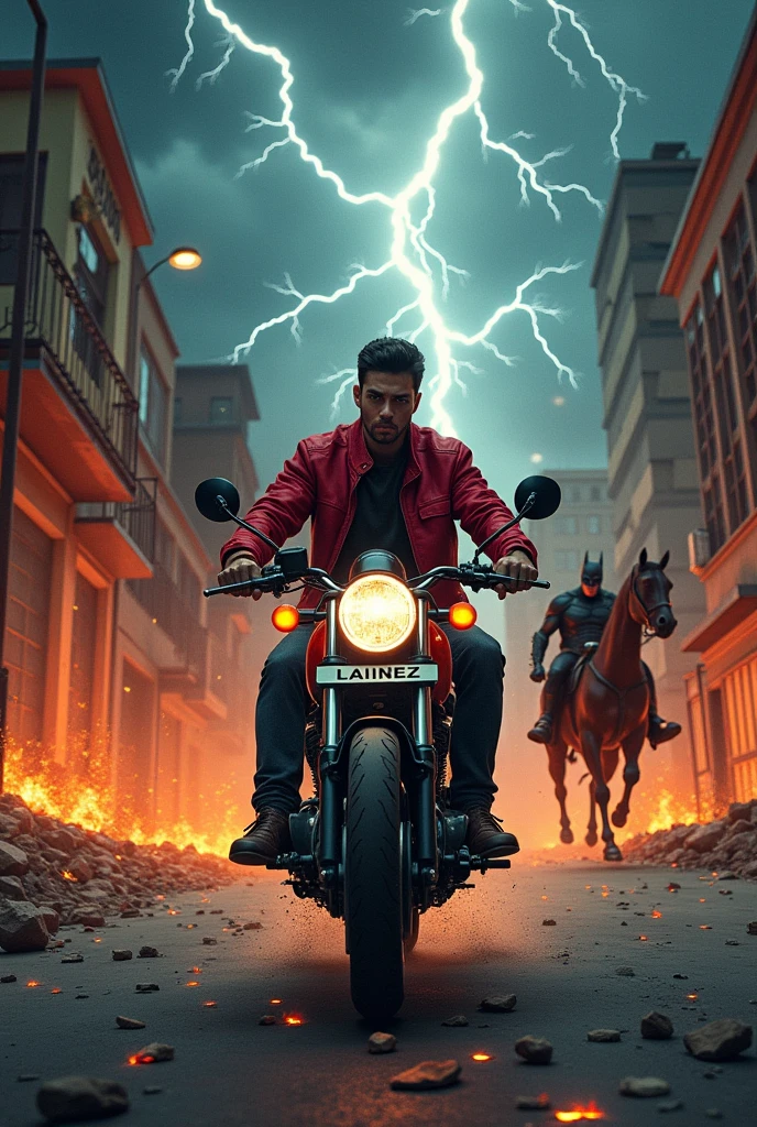 A man in El Salvador with a Suzuki motorcycle that on the red jacket says Lainez while driving on a street full of stones and fire from a volcano in a thunderstorm from behind while the god of thunder chases him riding a pegasus and the license plate says everyone lies and Batman is in a building on the left watching him and the street is hell