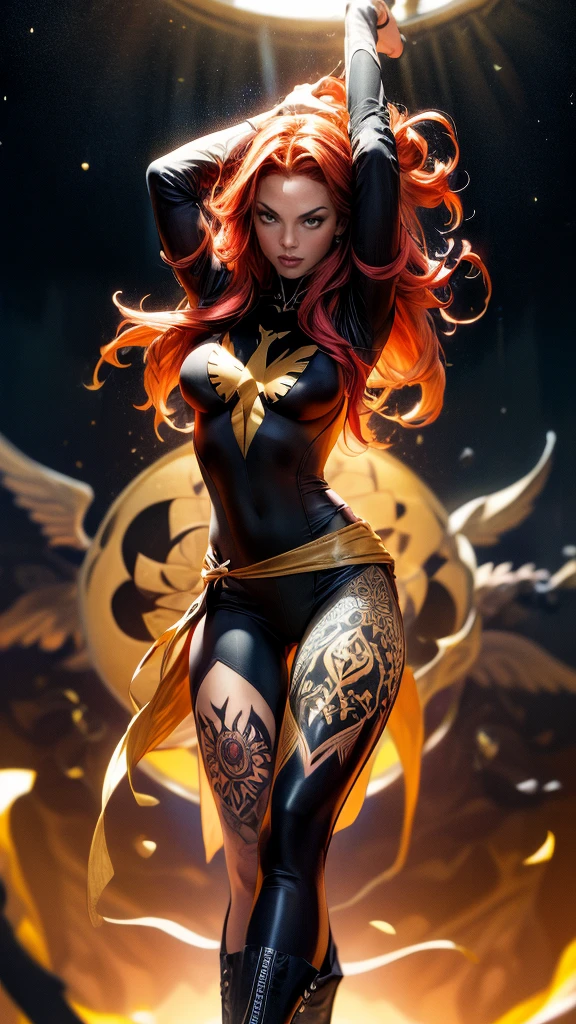 1girl, solo, Jean Grey of X-men, high leg cut out unitard of black and gold, boob window in unitard, ((thighs showing)), ((calf-high boots)), (color mandala tattoos on thighs:1.37), wings on hips, floating in space, arms out in power pose, contrapposto stance, dramatically colorful cosmic background, moody lighting, 16k, best quality, masterpiece, (wide angle:1.27), full length portrait