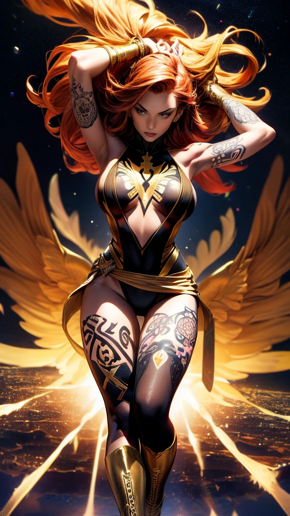 1girl, solo, Jean Grey of X-men, high leg cut out unitard of black and gold, boob window in unitard, ((thighs showing)), ((calf-high boots)), (color mandala tattoos on thighs:1.37), wings on hips, floating in space, arms out in power pose, contrapposto stance, dramatically colorful cosmic background, moody lighting, 16k, best quality, masterpiece, (wide angle:1.27), full length portrait