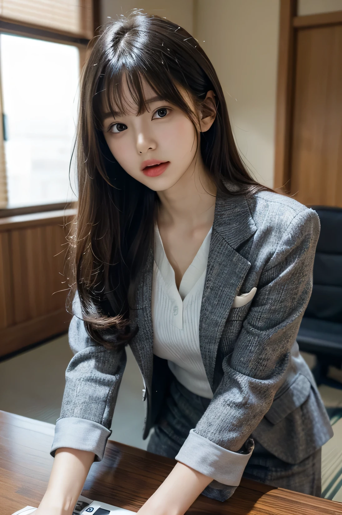 masterpiece, best quality, highres, HDR, 8k, Licking My Dick, a very beautiful japanese girl in suit at office, black hair, bangs, focused face