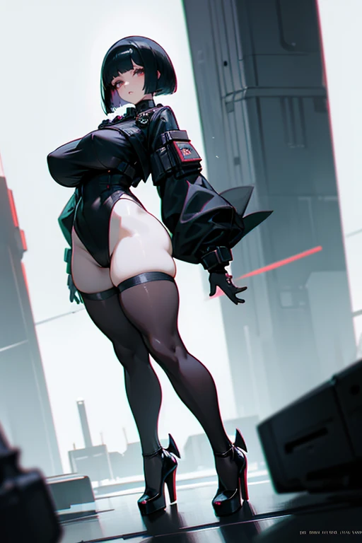 thick hips, thick thighs, platform heels, tigh dress, huge breast, thin waist, bob cut hair, pale skin, thick body, tight stockings, cyberpunk,