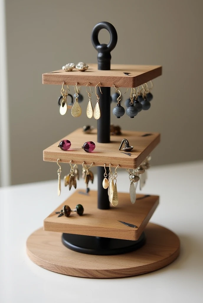 You can create a three-tiered rotating jewelry display out of wood and iron for earrings with samples