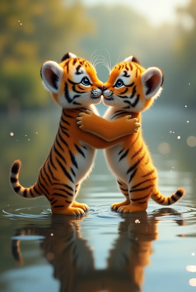 Baby tiger and baby cheetah hug , stand on water