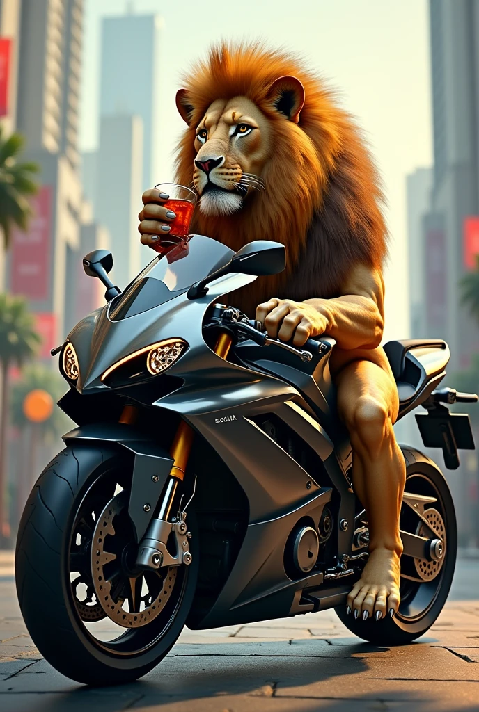 Lion sit on superbike and drinking bike
