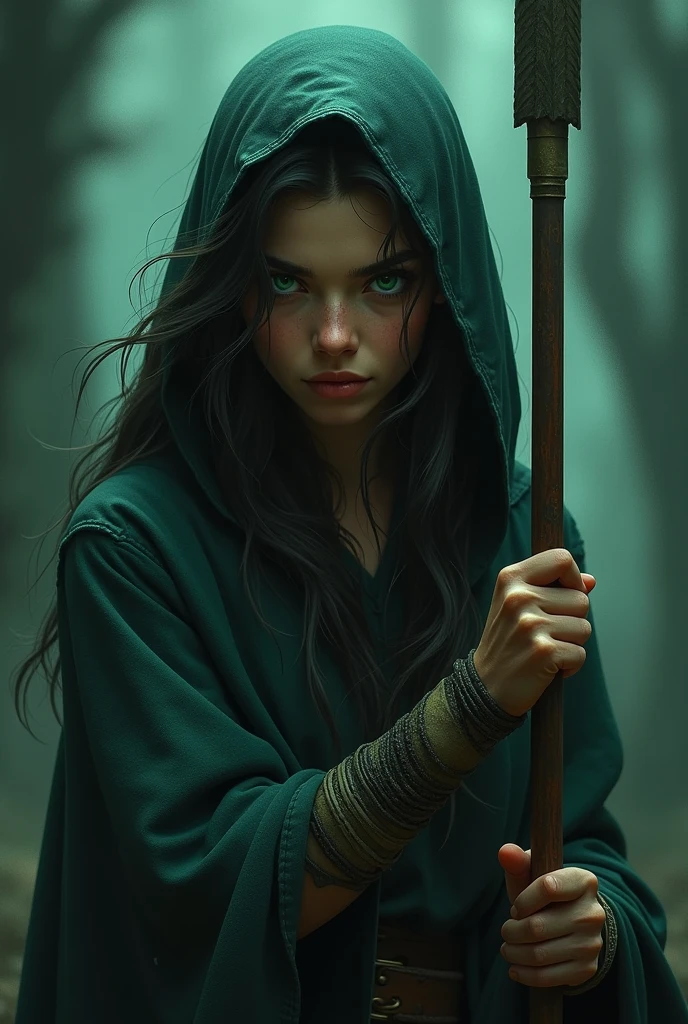 20 year old white girl with black hair and bright emerald green eyes and a hood holding a spear