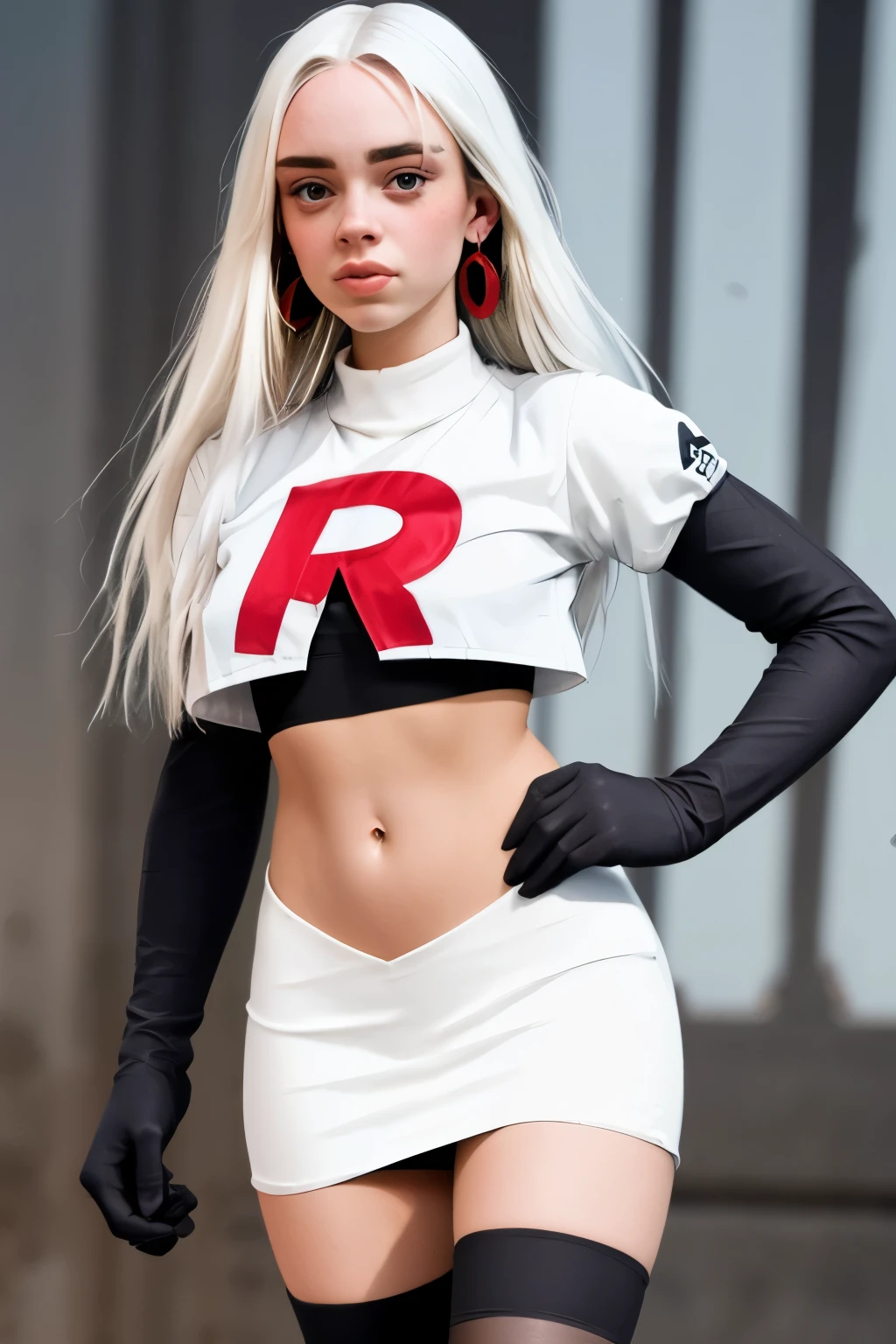 The face of billie eilish, 1girl, solo, team rocket,team rocket uniform,white skirt,red letter R,crop top,black thigh-highs,black elbow gloves, earrings, large breasts, 