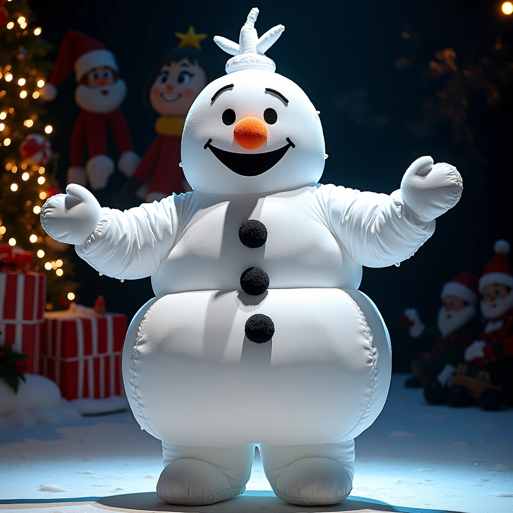 an actor with Inflatable Snowman custime on a Christmas Show Stage, (Practical, RAW photos, Super Fine), Practical Light