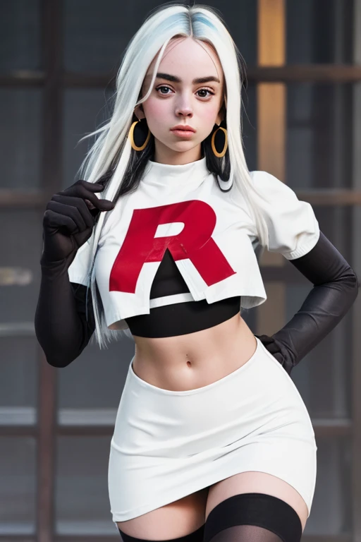 The face of billie eilish, 1girl, solo, team rocket,team rocket uniform,white skirt,red letter R,crop top,black thigh-highs,black elbow gloves, earrings, large breasts,