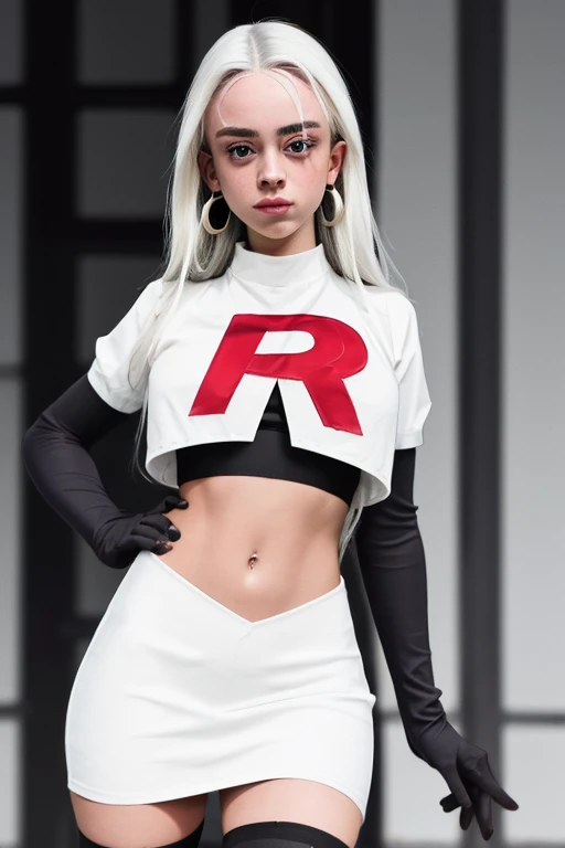 The face of billie eilish, 1girl, solo, team rocket,team rocket uniform,white skirt,red letter R,crop top,black thigh-highs,black elbow gloves, earrings, large breasts,