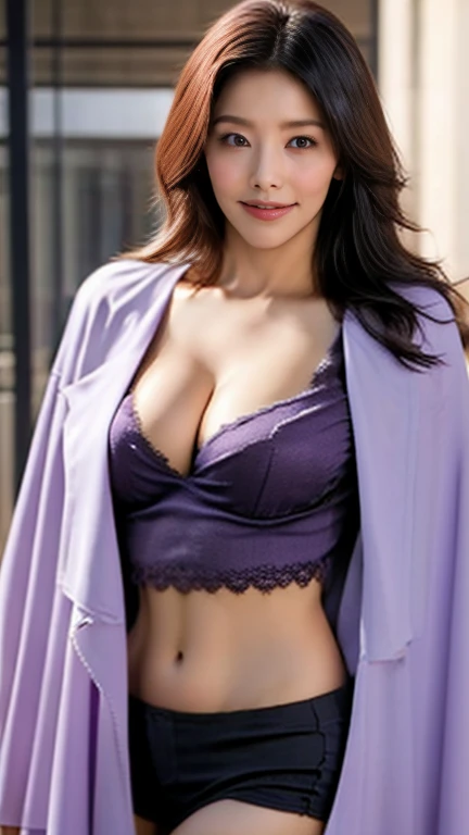 A woman taking a photo wearing a purple see-through bra top under a black coat,1 female,Cleavage,Focus on the valley,sexy,Realistic,Highest quality,8k, Ultra-high resolution,RAW Photos,Perfect figure,beauty,Small breasts(1.8),View your audience,Shooting from the front,In underwear,Upper body zoom